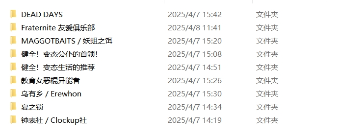 1205-钟表社：《失眠的羊与孤独的狼》 、《DEAD DAYS》、 《Fraternite 友爱俱乐部》、《健全！变态公仆的首领！》 、《健全！变态生活的推荐》 、《教育女恶棍异能者》 、《MAGGOTBAITS／妖蛆之饵》、 《乌有乡／Erewhon》 、《夏之锁》